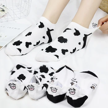 Kotníkové ponožky kreslený zvířecí tisk kráva bílé pruhované roztomilý calcetines kawaii ženy harajuku kobieta skarpety socken značkové bavlněné