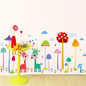 Kreslený hub forest home dekor samolepka na zeď pro děti pokoje DIY houba rodiny fawn vyměnitelné skříň květiny tráva obtisky