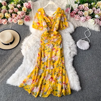 Květinové šaty 2021 letní nový styl puff sleeve pasu temperament V-neck šifon šaty francouzské retro fishtail šaty s495