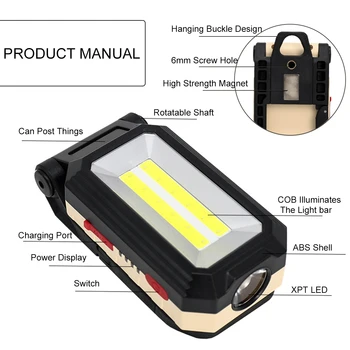 Led Svítilna Pochodeň USB Dobíjecí COB Světlo Pracovní Přenosné Taktická Svítilna Hlavu Vodotěsné Camping Lantern Zobrazení Výkonu
