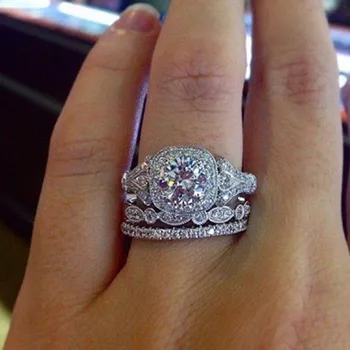 LETAPI Nové Stříbrná Barva snubní Prsteny set 3 v 1 kapela prsten pro Ženy zásnubní svatební módní šperky