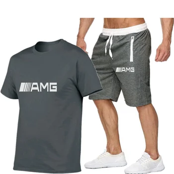 Letní AMG nové pánské T-košile + sportovní šortky dvoudílné módní kolem krku ležérní bavlna krátký rukáv high-kvalitní sportovní oblek