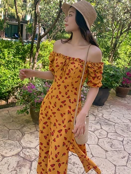 Letní Dámské Split Květinové Lehké Šaty Míchání Květinové Tisk Off Rameno Sexy Dlouhé Šaty Sladké Ležérní Elegantní Žluté Šaty 2021
