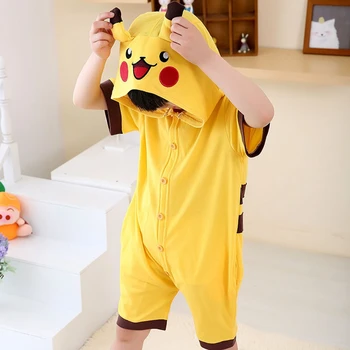 Letní Dětské Dupačky S Kapucí Pyžama Dětská Pyžama Chlapci Dívky Žlutá Zvířecí Úsměv Anime Pyjama Pijama Bavlněné Noční Prádlo Oblečení