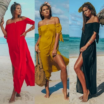 Letní Pláž Off Rameno Split Maxi Šaty Ženy Plavky Cover-Up Kaftan Šaty, Plavky Plážové Oblečení