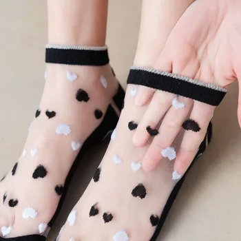 Letní Tenké Crystal Hedvábí Ponožky Japonský Styl Módní Srdce Tisk Transparentní Kotníkové Ponožky Korejský Styl Harajuku Roztomilé Krátké Ponožky