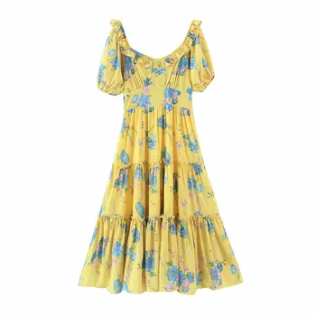 Linjiashop jaro léto ženy dlouhé šaty žluté květinové tisk krátké rukávy elegantní vintage žena midi šaty