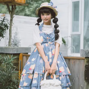 Lolita Viktoriánské Vintage Ženy Bez Rukávů Med Citron Tisk Princess Party Šaty Dívky Japonské Sladké Kawaii Lolita Jsk Šaty