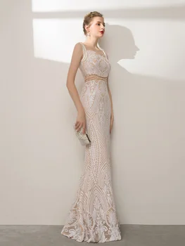 Luxusní Mořská Panna Večerní Šaty Špagety Popruhy Zdobený Lišty Slim Party Šaty Nový Elegantní Floor Délka Šaty Pro Ženy 2021