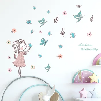 Létající motýl dívka samolepky na zeď ložnice Dívky místnosti bytové dekorace, nástěnné umění kreslené samolepky dětský pokoj tapety