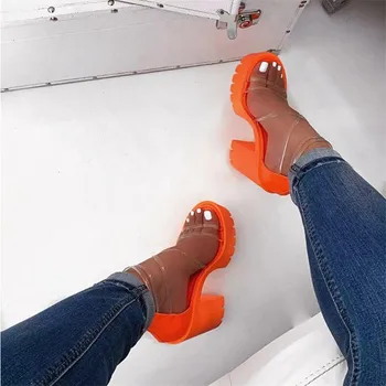 Léto Oranžová PVC Jelly Sandály Open Toe Tlusté Podpatky Dámské Boty Platforma Transparentní Sandály Pro Ženy Plus Velikost 37-41