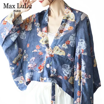 Max LuLu Letní Korejský Design 2021 Ženy Květinové Modré Lněné Košile Dámské Ležérní Elegantní Topy Ženy Tištěné Halenky Plus Velikost