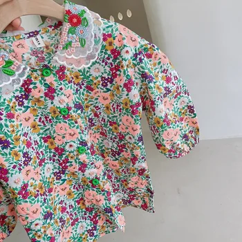 Mykaná bavlna dětské tričko 2021 jaře nové produkty dívky květinové výšivky límec košile dětské retro západní styl dlouhý