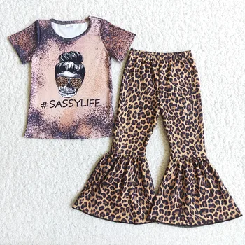 Móda, Děti, Krátký Rukáv Oblečení Roztomilý Kreslený Tisk Horní A Leopard Beller Kalhoty 2Pieces Sada Pro Batole Dívky