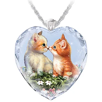 Módní Krásná Kočka Vzor Náhrdelník Ve Tvaru Srdce Crystal Přívěskem Šperky