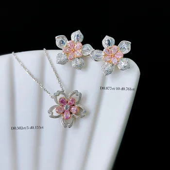 Módní S925 Stříbrné Šperky pro Ženy, Elegantní Růžové CZ Crystal Květina Přívěsek Náhrdelník, Prsten Elegantní Večírek, Svatební Šperky, Dárkové