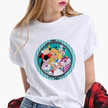 Módní Ženy T-Shirt Letní Krátký Rukáv O-neck Polyester Trička Alenka V říši Divů Dopis Tisk Disney Cartoon Graphic Tees