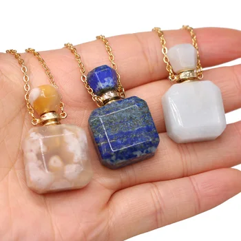 Natural Gem Stone Essential Oil Diffuser Vial Perfume Bottle Pendant Necklaces Lapis Lazuli Agates Charms Necklaces Jewelry Gift