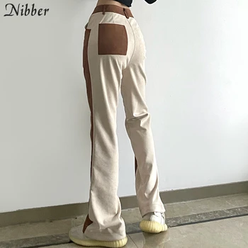 Nibber Kvalitní Kožené Semišové Y2K Světlice Kalhoty, Ženy, Kontrastní Prošití Rovné Kalhoty 2021 Retro Vysoké Pasu Pytlovité Streetwear