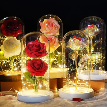 Nová Kráska A Zvíře-zlacený Dvě Růže S LED Světlem V Skleněnou Kopulí Pro Svatební Party Valentine Narozeniny Matky Dárek