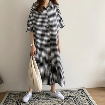 Nová noční košile korejský kostkované svetr šaty Harajuku styl klopě ležérní krátké rukávy košile, sukně, módní pyžama dámské noční košile