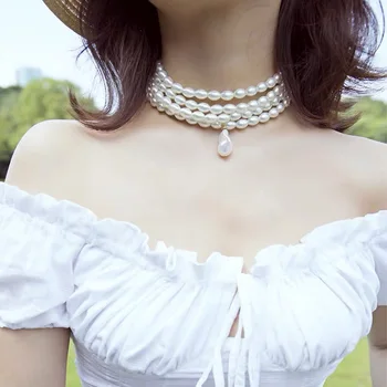 Nové módní Barokní geometrické Pearl Přívěsek Náhrdelník, jednoduché, vícevrstvé tvarované imitace pearl klíční kost řetěz Svatební Náhrdelník