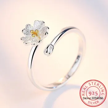 Nové módní ženy Třešňové květy 925 stříbrné prsteny nastavitelné otvory temperament sladké zlato květinové prsten bud populární šperky