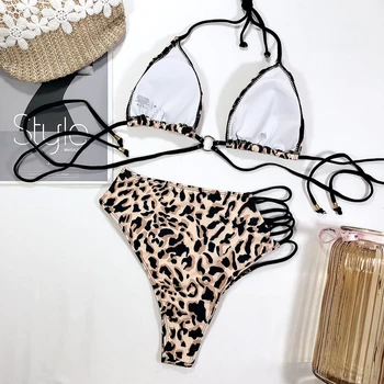 Nové Sexy Leopardí Asymetrické Plavky String Halter Plavky Vydlabat Plavky S-L Dívka Strappy Plavky Bikiny Set