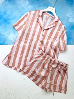 Nový styl dámské letní pruhované s krátkým rukávem pyžamo šortky oblek, hedvábí pruhované pohodlné a měkké domácí služby oblek,