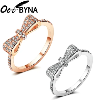 Octbyna Classic Rose Gold Stříbrná Barva Šumivé CZ Bow Knot, Micro Vydláždit Značkové Prsteny Pro Ženy Valentine Den Dárek Šperky