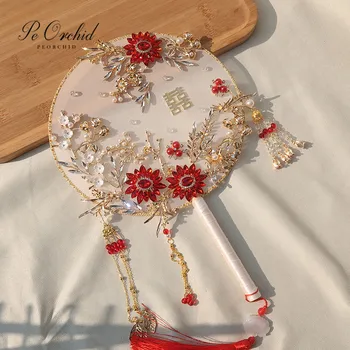 PEORCHID Luxusní Čínské Červené Svatební Kytice Fanoušek Klasické Ručně vyráběné Křišťálové Květy Kovové Kolo Ventilátoru Brož Svatební Doplňky
