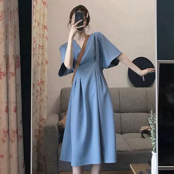 Plus Velikost Šaty Woemn 2021 Letní Nové V-Neck Modré-Krátký Rukáv francouzské Midi Šaty Vintage-Line šaty Elegantní Těhotenské Šaty