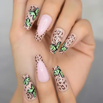Populární Zelený Motýl francouzský Tisk na umělé Nehty Lesklé Hnědé Leopardí Vzor Růžové Dlouhé Baletka Rakev Falešné Prsty Nehty