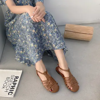 Retro Žena Boty Létě 2021 Béžová Podpatky Sandály Spony Popruh Přes Prodyšná Původní Nízké Černé Nové Dívky Fashion Pohodlí