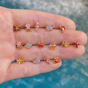 Roztomilé Barevné Krystaly Mořské Živočichy Piercing Stud Náušnice pro Ženy, Dívky Letní Náušnice Šperky 925 Mincovní Stříbro Náušnice