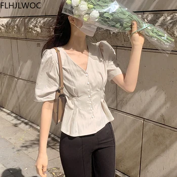 Roztomilý Korea Elegantní Topy Blusas Ženy Módní Flhjlwoc Nabíranou Peplum Design V Krku Solidní Single Breasted Tlačítko Košile