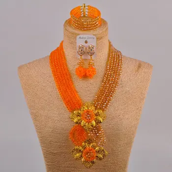 Ruční Neprůhledný Žlutý Krystal Korálkový Náhrdelník Nigerijské Svatební Africké Korálky Šperky Set pro Ženy 6CHL