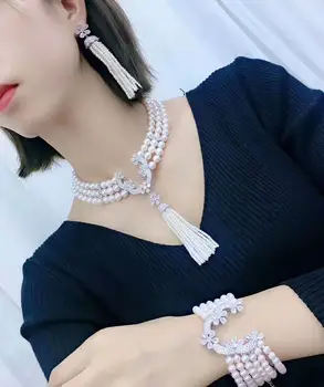 Ručně vázané 3-4mm 5-6mm 8-9mm přírodní bílá perla, zirkon spona příslušenství náhrdelník náramek náušnice set módní šperky