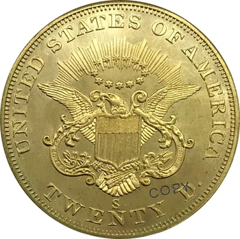 S 1866 Spojené Státy americké 20 Dolarů Liberty Head Double Eagle zlaté mince, Mosaz Sběratelské Kopie Mince