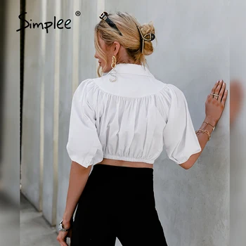 Simplee Elegantní bublina sleeveles bílá košile Módní jediného breasted white crop topy Letní kauzální žena vrásek košile 2021 nové