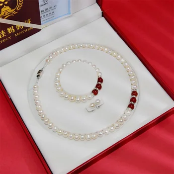 Sladkovodní Perly 8-9mm Přírodní Perlový Nepravidelné Kolo Pearl Šperky Set Dámské Náhrdelník / Náramek / Náušnice Jewelry3 Dílná Sada