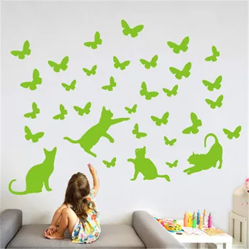 Světelný Kočka Chytání Motýl, Samolepka Na Zeď Svítící Ve Tmě Kočky Butterfly Zeď Obtisk Pro Děti Baby Ložnice Samolepka Fluorescenční