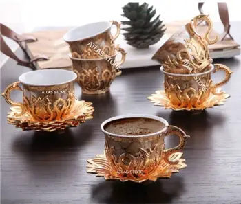 Turecká káva sada pro 6 osob 18-dílná zlato-hnědé barevné malovaný porcelán kávový set