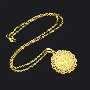 Turecké Módní Zlacení Řetěz Náhrdelník Coin Přívěsek Květina Tvar Crystal Šperky Náhrdelník Dlouhý Řetěz Arabský Šperky