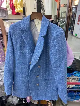 Tweed Ženy Elegantní Modré Blazers 2021 Módní Dámské Vintage Volné Sako Bundy Ležérní Ženy Streetwear Obleky Dívky Elegantní