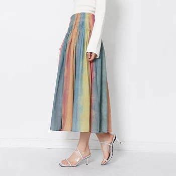 TWOTWINSTYLE Elegantní Pruhované Barevné Sukně Pro Ženy s Vysokým Pasem Ruched Ležérní Sukně Ženy Módní Nové Oblečení 2021 Jaře
