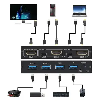 USB KVM Přepínač 2 Port Video Displej USB Přepínač KVM Přepínač Splitter Box Pro 2 PC, Sdílení Tiskárny, Klávesnice, Myš KVM
