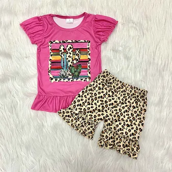 Velkoobchodní batole dívka oblečení, dívka, rose red top s kaktus tištěné a leopard šortky set boutique oblečení