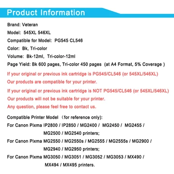 Veterán PG545 CL546 Inkoustová Kazeta pro Canon PG 545 CL 546 Kazety PG-545 pro Pixma IP2850 MG2450 MX495 MG2950 MG2550 Tiskárny