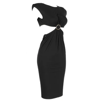 VGH Black Hollow Out Sexy Šaty Pro Ženy O Krk bez Rukávů Vysoký Pasu Kolena Délka Elegantní Šaty Ženské 2021 Módní Styl Nové